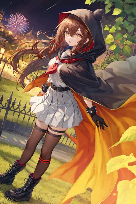 fireworks, solo, skirt, school uniform, outdoors, shoes, shirt, white shirt, socks, brown hair, holding, short sleeves, standing, pleated skirt, tree, serafuku, white socks, night, blue skirt, aerial fireworks, dutch angle, phone, sky, scenery, sailor collar, cellphone, brown eyes, sneakers, bangs, railing, holding phone, long hair, grass, fence, kneehighs, night sky, smartphone, medium hair, wide shot ,1girl, solo, thighhighs, breasts, plant, red hair, hood, long hair, thorns, black gloves, black background, hooded cape, vines, gloves, full body, belt, open mouth, thigh strap, yellow eyes, black footwear, large breasts, cleavage, boots, cloak, black belt, bangs, long sleeves, black thighhighs, pelvic curtain, hair between eyes, simple background, very long hair , hood up, hooded cloak, looking at viewer, white cloak, white dress, spikes, dress, cape, garter straps, cleavage cutout, knee up 
 <lora:TorinoEX-000062:1>, <lora:ç»ä¸½çåå½±:0.2>,<lora:add_detail:0.35>, <lora:adaptedmodel:0.35>