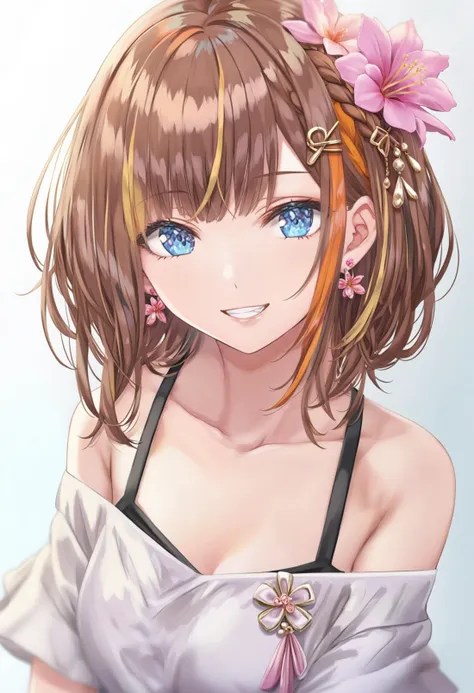 masterpiece, best quality,1girl,   solo, brown hair, blue eyes, jewelry, earrings, streaked hair, multicolored hair, flower earrings, looking at viewer, parted lips, virtual youtuber, white background, portrait, collarbone, flower, braid, simple background, bare shoulders, off shoulder, long hair, medium hair, lips, cropped shoulders, single braid, braided bangs, smile, pink flower, parted bangs, off-shoulder shirt, shirt, white shirt, orange hair, grin
 <lora:torinoXLlokr8f-000182:0.95>