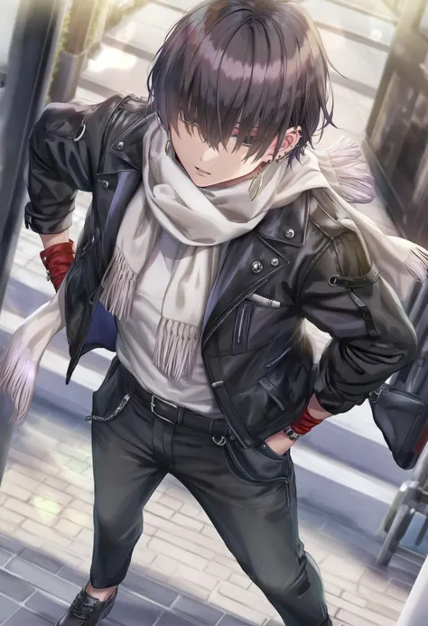 masterpiece, best quality,1boy, male focus,   hair over eyes, solo, jacket, shirt, white shirt, simple background, black hair, pants, hands in pockets, white background, full body, black footwear, black pants, black jacket, piercing, standing, ear piercing, jewelry, from above, open jacket, earrings, scarf, shadow, short hair, parted lips, hair between eyes, open clothes, red gloves, gloves, white scarf, leaning forward, facing ahead
 <lora:torinoXLlokr8f-000182:0.95>