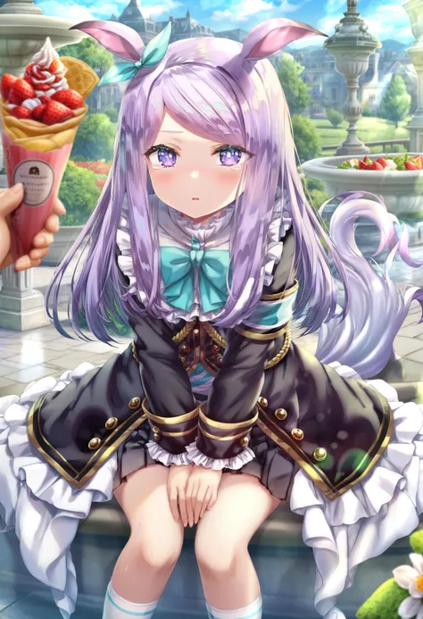 masterpiece, best quality,1girl, mejiro mcqueen \(umamusume\),  animal ears, long hair, purple eyes, horse ears, purple hair, horse girl, outdoors, tail, food, long sleeves, blush, horse tail, skirt, crepe, bow, black skirt, looking at viewer, frills, solo focus, sitting, pleated skirt, swept bangs, holding, day, jacket, flower, ribbon, parted lips, black jacket, tears, frilled sleeves, bowtie, holding food, socks, strawberry, black footwear, white socks, sweets, full body, kneehighs, sweat, looking up, boots, pov, pov hands, white flower, armband, aqua bow, v arms, frilled jacket, aqua ribbon, aqua bowtie, fruit
 <lora:torinoXLlokr8f-000182:0.95>