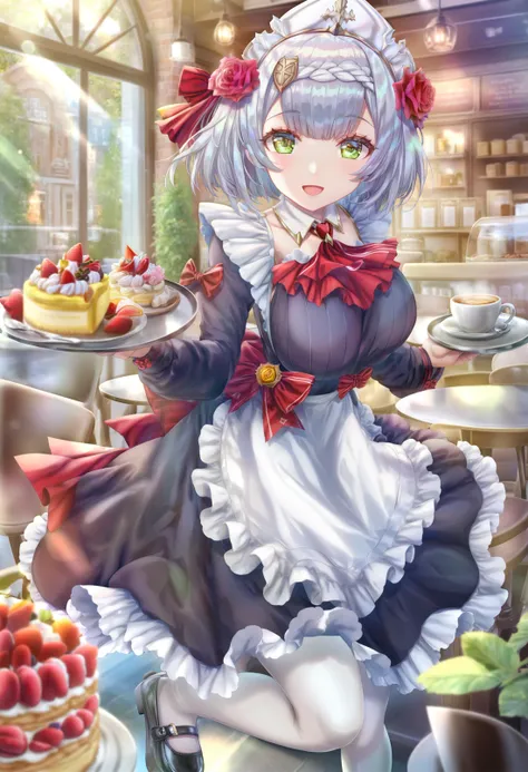 masterpiece, best quality,1girl, noelle \(genshin impact\),  solo, green eyes, braid, smile, holding, looking at viewer, pantyhose, grey hair, hair ornament, cup, white pantyhose, food, apron, open mouth, short hair, flower, hair flower, dress, red ascot, long sleeves, indoors, black dress, ascot, plate, tray, window, maid headdress, shoes, black footwear, frills, breasts, rose, blush, :d, bow, white headwear, white apron, maid, holding tray, waist apron, cleavage, back bow, standing, red flower, eyelashes, red rose, pink rose, alternate breast size, cake, large breasts, saucer, pink flower, frilled apron, cafe, mary janes
 <lora:torinoXLlokr8f-000182:0.95>