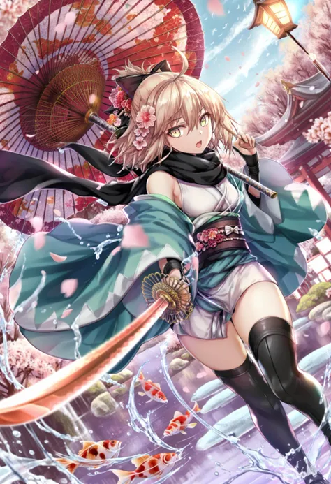 masterpiece, best quality,1girl, okita souji \(fate\), okita souji \(koha-ace\),  umbrella, japanese clothes, fish, oil-paper umbrella, solo, weapon, thighhighs, sword, kimono, cherry blossoms, short kimono, katana, scarf, haori, looking at viewer, bow, holding, ahoge, sash, black thighhighs, hair bow, obi, short hair, blonde hair, yellow eyes, hair ornament, black bow, shinsengumi, flower, goldfish, open mouth, holding sword, koi, holding weapon, holding umbrella, petals, thighs, day, thigh gap, bare shoulders, pink flower, outdoors, feet out of frame, standing, hair between eyes, :o, dutch angle, splashing, black scarf, off shoulder, water, wind, fish
 <lora:torinoXLlokr8f-000182:0.95>