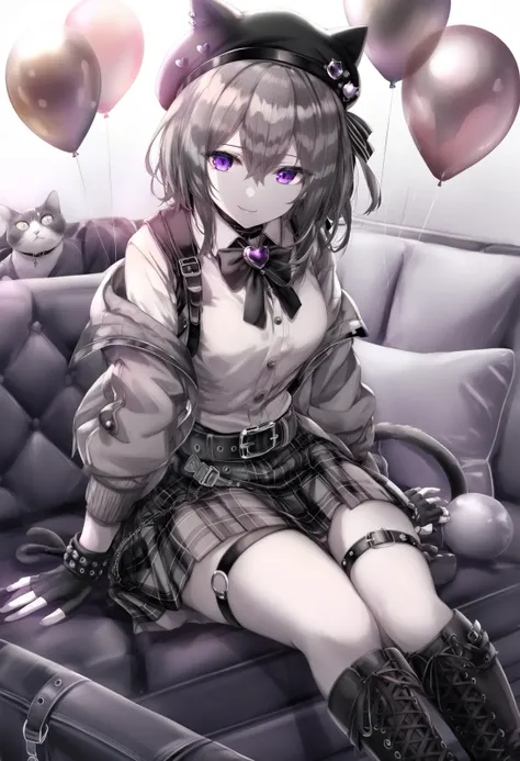 masterpiece, best quality,1girl,   solo, thigh strap, cat, sitting, skirt, monochrome, balloon, black footwear, plaid, heart, long sleeves, hat, short hair, spot color, black headwear, greyscale, purple eyes, knee boots, white background, long hair, plaid skirt, boots, gloves, closed mouth, cross-laced footwear, fingerless gloves, jacket, lace-up boots, belt boots, hair between eyes, smile
 <lora:torinoXLlokr8f-000182:0.95>