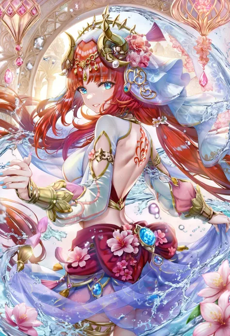 masterpiece, best quality,1girl, nilou \(genshin impact\),  solo, long hair, back tattoo, looking at viewer, red hair, flower, long sleeves, hair ornament, veil, vision \(genshin impact\), harem outfit, breasts, tattoo, horns, puffy long sleeves, parted lips, skirt, water, twintails, fake horns, thighlet, floating hair, bare back, puffy sleeves, hair flower, blue eyes, circlet, gem, gold trim, bracer, low twintails, crop top, medium breasts, blue gemstone, thighs, parted bangs, blue nails, back, pink flower, cowboy shot, clothing cutout, sidelocks, median furrow, from side, skirt hold, smile, dancing, wading, shrug \(clothing\), white headwear, teeth
 <lora:torinoXLlokr8f-000182:0.95>