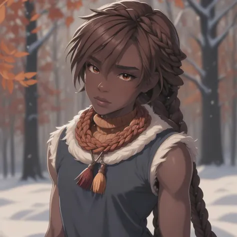 braid, weapon, dark-skinned male, winter, lips, autumn, fringe trim, necklace, sleeveless, sleeveless dress