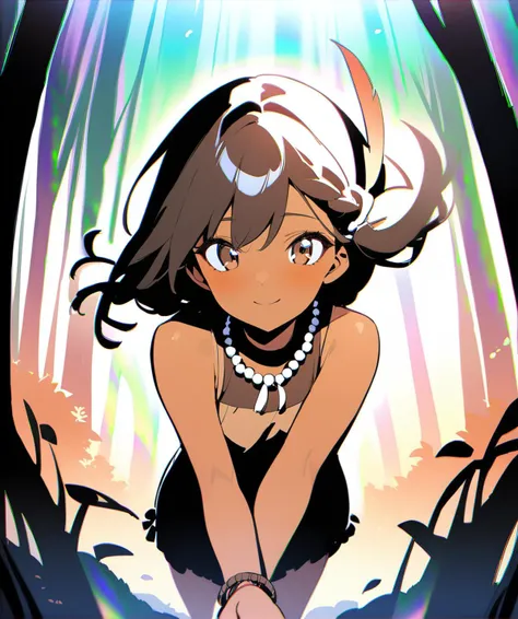 (masterpiece:1.2), (best quality:1.2), ultra-detailed, best shadow, detailed background, high contrast, (best illumination, an extremely delicate and beautiful),pokemon anime style, ((cinematic light)), hyper detail, dramatic light, intricate details, 8k, anime, very aesthetic, a beautiful dark brown haired girl, very long messy hair, beautiful detailed deep brown eyes, brown skin, tan skin, native american, cute and beautiful face, relaxed smile, medium breasts, short (dark brown:1.2) sleeveless knee length deerskin dress, brown rope belt tassels on the hem, bead necklace, brown moccasins, red feather headdress, brown string bracelet, brown string necklace with beads, loose french braid with beads, (turned around:1.1), (holding viewer's hand, leading viewer:1.3), from behind, (portrait:1.1), (closeup:1.3) (eye level height:1.3), colorful, walking, in a dense hilly deciduous forest, late autumn season, orange leaves blowing in the wind, windy weather, crepuscular lighting, dress blowing in the wind, hair blowing in the wind, spiritual aurora
 <lora:Tan_Pokemon_Anime_style_girl:1> <lora:kabedon_view:2> kabedon pov