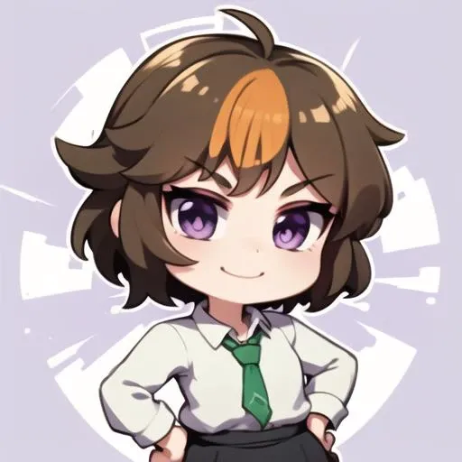merula, chibi, solo, purple eyes, white shirt, green necktie, black skirt, looking at viewer, smile, cowboy shot, hand on hip,  <lora:chibi1.5v1:0.85> <lora:MerulaSnyde:0.75>