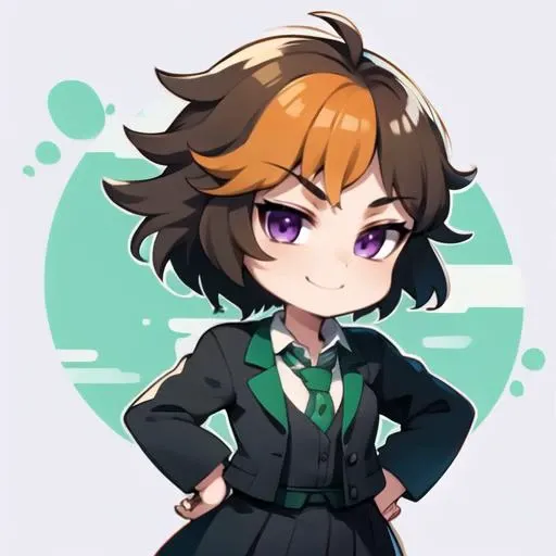 merula, chibi, solo, purple eyes, white shirt, green necktie, black skirt, looking at viewer, smile, cowboy shot, hand on hip, <lora:chibi1.5v1:0.85> <lora:MerulaSnyde:0.8>