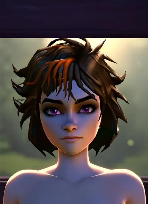 a beautiful picture of Merula, masterpiece, photorealistic, detailed, 4k, HDR, backlighting, bloom, light, RAW color photo, detailed face, purple eyes, nude, <lora:MerulaSnyde:1>