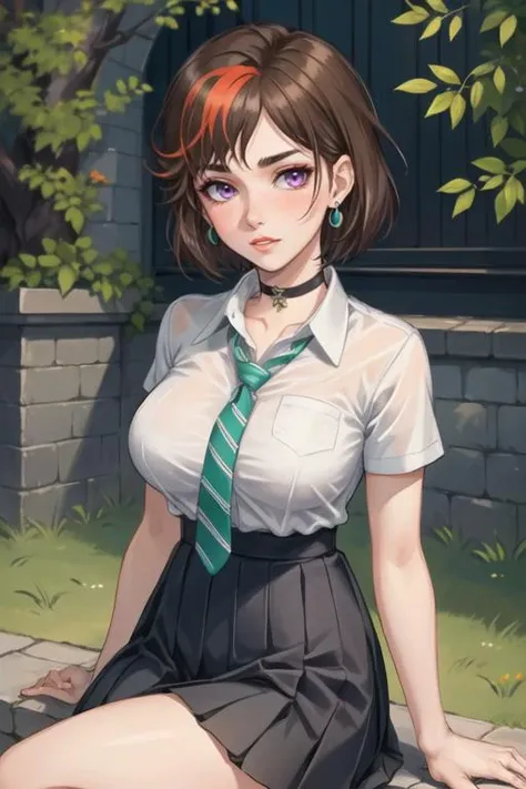 (best quality, ultra detailed), (full-face blush), (detailed background:1.2), (perfect face, detailed face), looking at viewer, (mature female:1.4), merula, 1girl, short hair, messy hair, split-color hair, solo, purple eyes, makeup, eyeshadow, (thick lips:1.4), waist, narrow waist, (choker, pleated skirt:1.2), (black miniskirt), school uniform, jewelry, earrings, collared shirt, white shirt, big breasts, (green striped necktie:1.2), sharp focus, sexually suggestive, puckered lips, outdoors, white brick wall, cobblestone, grass, garden, tree, sitting, crossed legs, (depth of field, thick thighs), <lora:MerulaSnyde:0.85>