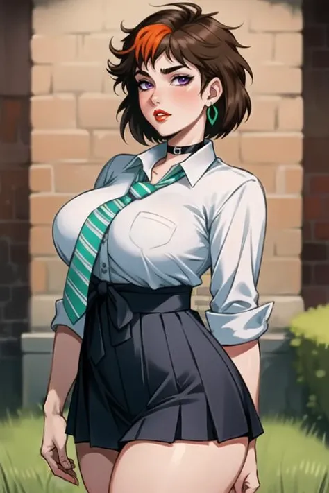 (best quality, ultra detailed), (full-face blush), (detailed background:1.2), (perfect face, detailed face), looking at viewer, (mature female:1.4), merula, 1girl, short hair, messy hair, split-color hair, solo, purple eyes, (thick lips:1.4), waist, narrow waist, (choker, pleated skirt:1.2), (black miniskirt), school uniform, jewelry, earrings, collared shirt, white shirt, big breasts, (green striped necktie:1.2), sharp focus, sexually suggestive, puckered lips, outdoors, white brick wall, cobblestone, grass, garden, tree, standing, cowboy shot, (depth of field, thick thighs), <lora:MerulaSnyde:0.85>