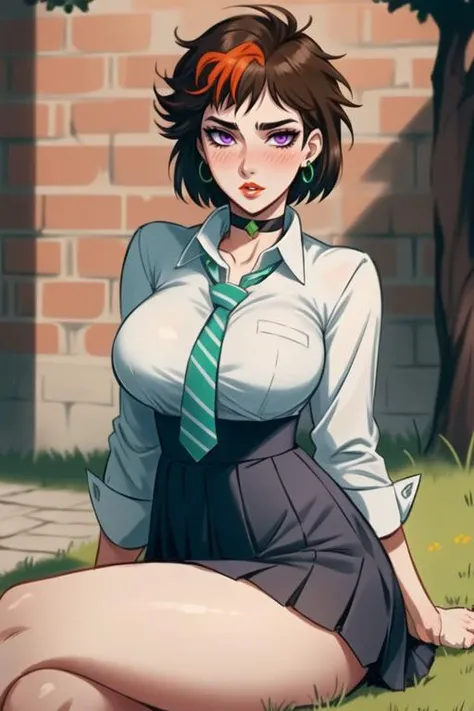 (best quality, ultra detailed), (full-face blush), (detailed background:1.2), (perfect face, detailed face), looking at viewer, (mature female:1.4), merula, 1girl, short hair, messy hair, split-color hair, solo, purple eyes, makeup, eyeshadow, (thick lips:1.4), waist, narrow waist, (choker, pleated skirt:1.2), (black miniskirt), school uniform, jewelry, earrings, collared shirt, white shirt, big breasts, (green striped necktie:1.2), sharp focus, sexually suggestive, puckered lips, outdoors, white brick wall, cobblestone, grass, garden, tree, sitting, crossed legs, (depth of field, thick thighs), <lora:MerulaSnyde:0.85>
