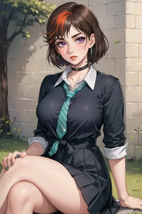 (best quality, ultra detailed), (full-face blush), (detailed background:1.2), (perfect face, detailed face), looking at viewer, (mature female:1.4), merula, 1girl, short hair, messy hair, split-color hair, solo, purple eyes, makeup, eyeshadow, (thick lips:1.4), waist, narrow waist, (choker, pleated skirt:1.2), (black miniskirt), school uniform, jewelry, earrings, collared shirt, white shirt, big breasts, (green striped necktie:1.2), sharp focus, sexually suggestive, puckered lips, outdoors, white brick wall, cobblestone, grass, garden, tree, sitting, crossed legs, (depth of field, thick thighs), <lora:MerulaSnyde:0.85>