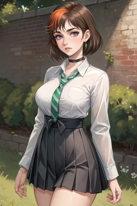 (best quality, ultra detailed), (full-face blush), (detailed background:1.2), (perfect face, detailed face), looking at viewer, (mature female:1.4), merula, 1girl, short hair, messy hair, split-color hair, solo, purple eyes, (thick lips:1.4), waist, narrow waist, (choker, pleated skirt:1.2), (black miniskirt), school uniform, jewelry, earrings, collared shirt, white shirt, big breasts, (green striped necktie:1.2), sharp focus, sexually suggestive, puckered lips, outdoors, white brick wall, cobblestone, grass, garden, tree, standing, cowboy shot, (depth of field, thick thighs), <lora:MerulaSnyde:0.85>