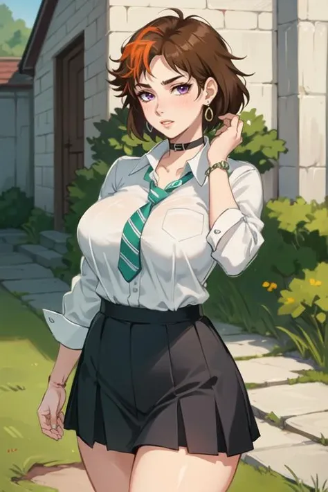(best quality, ultra detailed), (full-face blush), (detailed background:1.2), (perfect face, detailed face), looking at viewer, (mature female:1.4), merula, 1girl, short hair, messy hair, split-color hair, solo, purple eyes, (thick lips:1.4), waist, narrow waist, (choker, pleated skirt:1.2), (black miniskirt), school uniform, jewelry, earrings, collared shirt, white shirt, big breasts, (green striped necktie:1.2), sharp focus, sexually suggestive, puckered lips, outdoors, white brick wall, cobblestone, grass, garden, tree, standing, cowboy shot, (depth of field, thick thighs), <lora:MerulaSnyde:0.85>