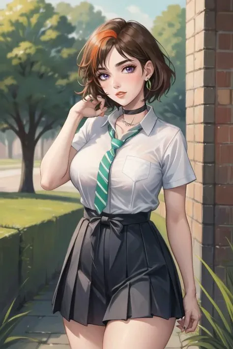 (best quality, ultra detailed), (full-face blush), (detailed background:1.2), (perfect face, detailed face), looking at viewer, (mature female:1.4), merula, 1girl, short hair, messy hair, split-color hair, solo, purple eyes, (thick lips:1.4), waist, narrow waist, (choker, pleated skirt:1.2), (black miniskirt), school uniform, jewelry, earrings, collared shirt, white shirt, big breasts, (green striped necktie:1.2), sharp focus, sexually suggestive, puckered lips, outdoors, white brick wall, cobblestone, grass, garden, tree, standing, cowboy shot, (depth of field, thick thighs), <lora:MerulaSnyde:0.85>