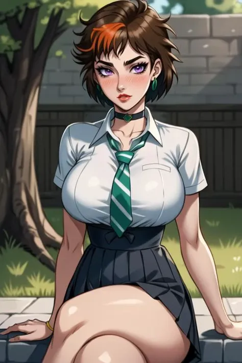 (best quality, ultra detailed), (full-face blush), (detailed background:1.2), (perfect face, detailed face), looking at viewer, (mature female:1.4), merula, 1girl, short hair, messy hair, split-color hair, solo, purple eyes, makeup, eyeshadow, (thick lips:1.4), waist, narrow waist, (choker, pleated skirt:1.2), (black miniskirt), school uniform, jewelry, earrings, collared shirt, white shirt, big breasts, (green striped necktie:1.2), sharp focus, sexually suggestive, puckered lips, outdoors, white brick wall, cobblestone, grass, garden, tree, sitting, crossed legs, (depth of field, thick thighs), <lora:MerulaSnyde:0.85>