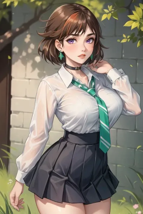 (best quality, ultra detailed), (full-face blush), (detailed background:1.2), (perfect face, detailed face), looking at viewer, (mature female:1.4), merula, 1girl, short hair, messy hair, split-color hair, solo, purple eyes, (thick lips:1.4), waist, narrow waist, (choker, pleated skirt:1.2), (black miniskirt), school uniform, jewelry, earrings, collared shirt, white shirt, big breasts, (green striped necktie:1.2), sharp focus, sexually suggestive, puckered lips, outdoors, white brick wall, cobblestone, grass, garden, tree, standing, cowboy shot, (depth of field, thick thighs), <lora:MerulaSnyde:0.85>