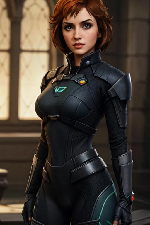 4k highly detailed realistic female supervillain dressed in cropped carbon fiber, copper hair in a short undercut bob hairstyle, hair covering one eye, ((sharp Jawline)), (full body Including Legs), Seduction and fantastic poses