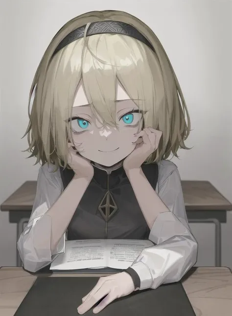 masterpiece, best quality, (black headband), ((blond hair)), desk on foreground, (thinking pose), (elbows on table), (detailed_eyes) (own hands together), (looking at viewer), (upper body), (emote face smile), (girl sitting after desk), (hands on desk), (cyan eyes) (pronounced eye color), (short hair), ((hisha kan moko style)), <lora:HISHA_KAN_MOKO_V1-08:1>,