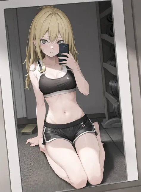 masterpiece, best quality, blond hair, (sport bra), (gym), full body, ((hisha kan moko style)), <lora:HISHA_KAN_MOKO_V1-08:1>, smartphone holding, smartphone, (looking at viewer), one hand down, (one hand up), shorts, unbuttoned shorts
mode: DPM++ SDE