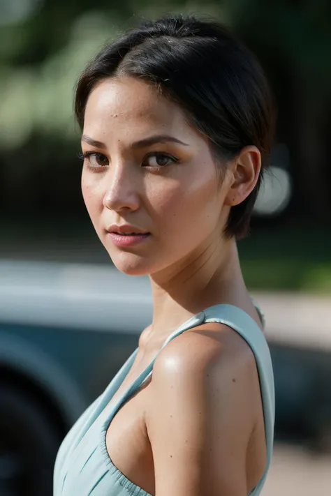 photoshoot of oliviaMu1, (pixie cut), , detailed skin texture, (blush:0.2), (goosebumps:0.3), (light blue dress), subsurface scattering, Photorealistic, Hyperrealistic, Hyperdetailed, analog style, hip cocked, demure, detailed skin, matte skin, soft lighting, subsurface scattering, realistic, heavy shadow, masterpiece, best quality, ultra realistic, 8k, golden ratio, Intricate, High Detail, film photography, soft focus