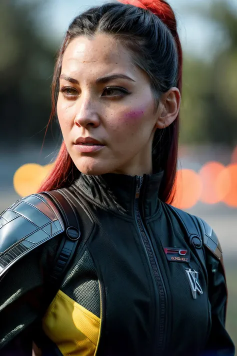 A stunning intricate full color portrait of oliviaMu1, dressed as an xmen character, epic character composition, by ilya kuvshinov, alessio albi, nina masic, sharp focus, natural lighting, subsurface scattering, f2, 35mm