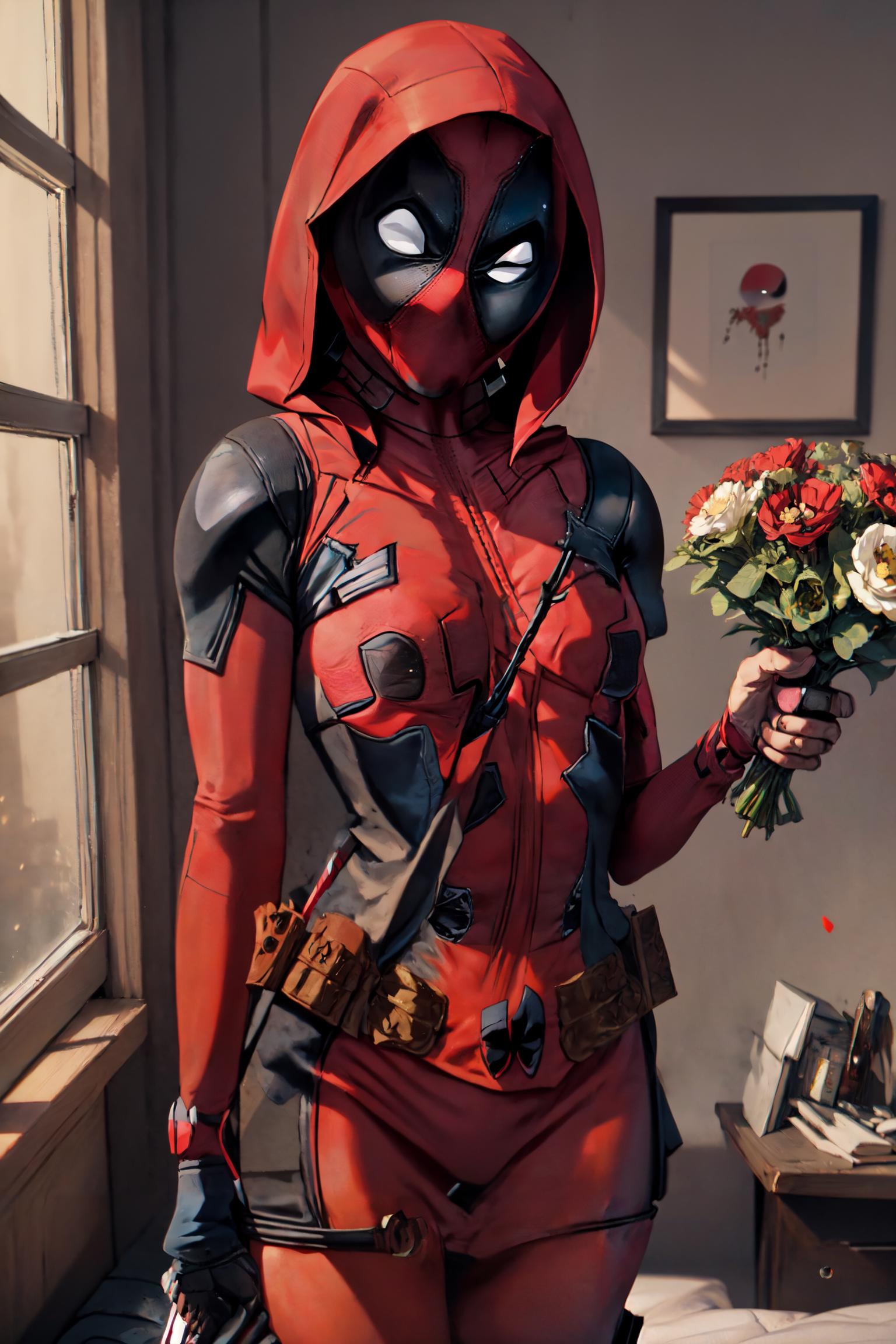 Deadpool cosplaying in a red hoodie holding a bouquet of flowers ...