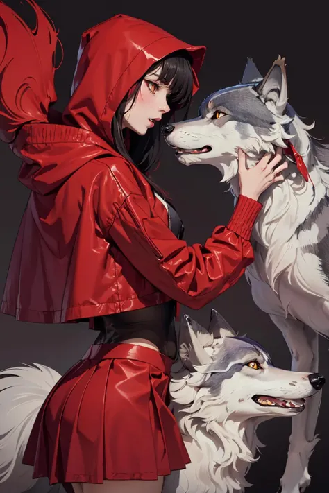 (wolf head:1.3), red skirt, red hood,  <lora:Sexy Little Red Riding Hood outfit(57):0.3>
