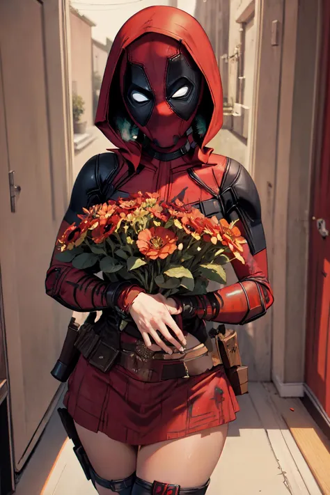 (deadpool in red hood:1.3), holding a bunch of flowers, shy, red skirt, red hood, <lora:Sexy Little Red Riding Hood outfit(57):0.7>, cute bedroom, (flowers), masterpiece, detailed, hires, cinematic angle
