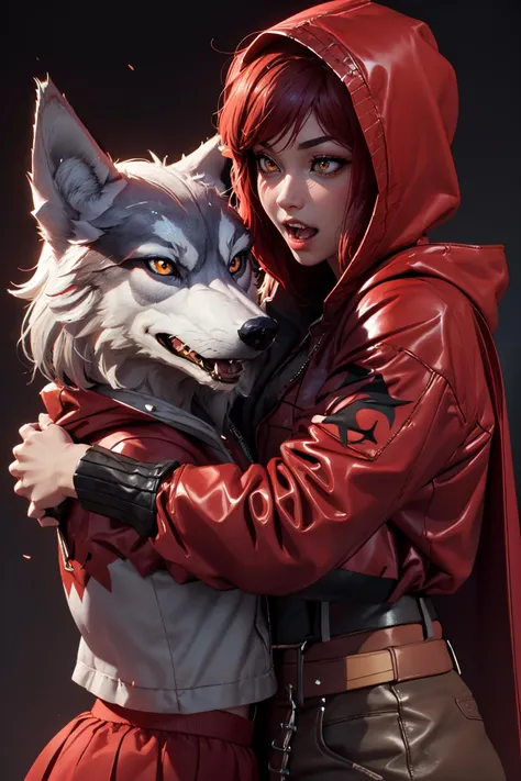 (wolf head:1.3), red skirt, red hood,  <lora:Sexy Little Red Riding Hood outfit(57):0.3>