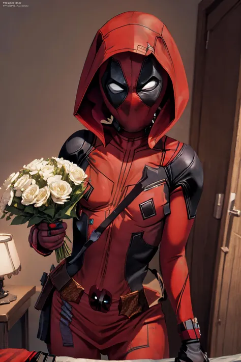 (deadpool in red hood:1.3), holding a bunch of flowers, shy, red skirt, red hood, <lora:Sexy Little Red Riding Hood outfit(57):0.7>, cute bedroom, (flowers), masterpiece, detailed, hires, cinematic angle