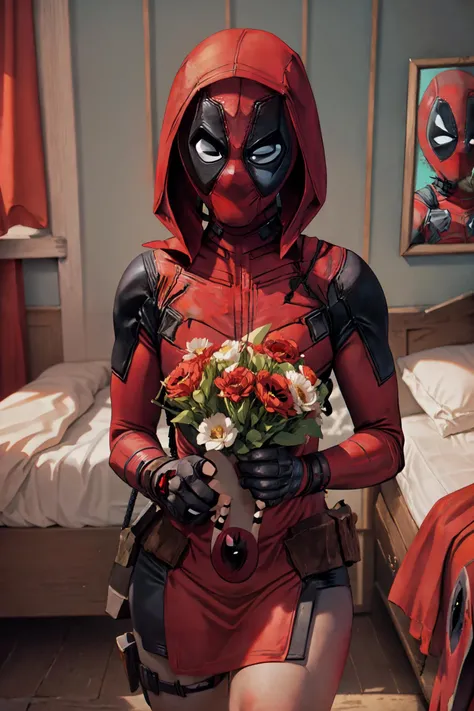 (deadpool in red hood:1.3), holding a bunch of flowers, shy, red skirt, red hood, <lora:Sexy Little Red Riding Hood outfit(57):0.7>, cute bedroom, (flowers), masterpiece, detailed, hires, cinematic angle