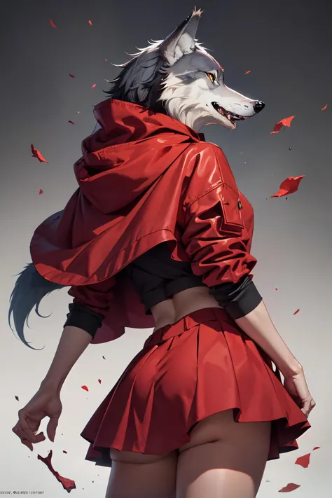 (wolf head:1.3), red skirt, red hood,  <lora:Sexy Little Red Riding Hood outfit(57):0.3>