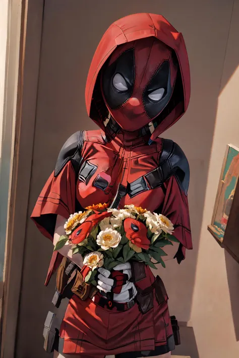 (deadpool in red hood:1.3), holding a bunch of flowers, shy, red skirt, red hood, <lora:Sexy Little Red Riding Hood outfit(57):0.7>, cute bedroom, (flowers), masterpiece, detailed, hires, cinematic angle