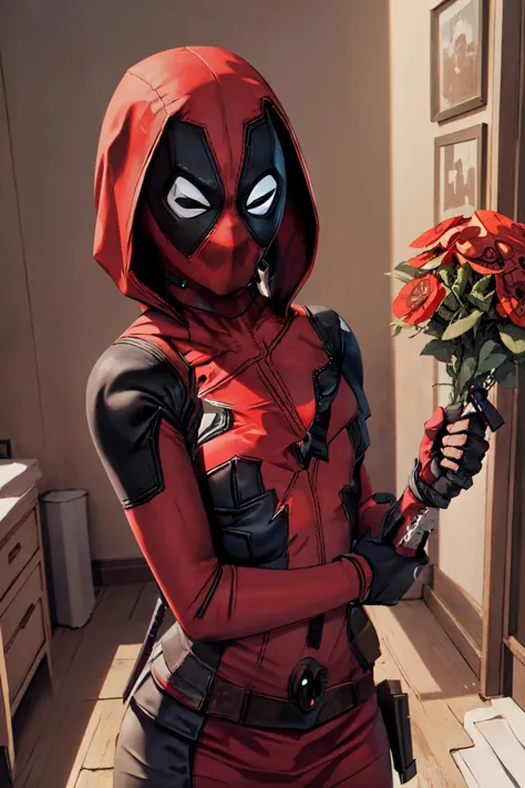 (deadpool in red hood:1.3), holding a bunch of flowers, shy, red skirt, red hood, <lora:Sexy Little Red Riding Hood outfit(57):0.7>, cute bedroom, (flowers), masterpiece, detailed, hires, cinematic angle