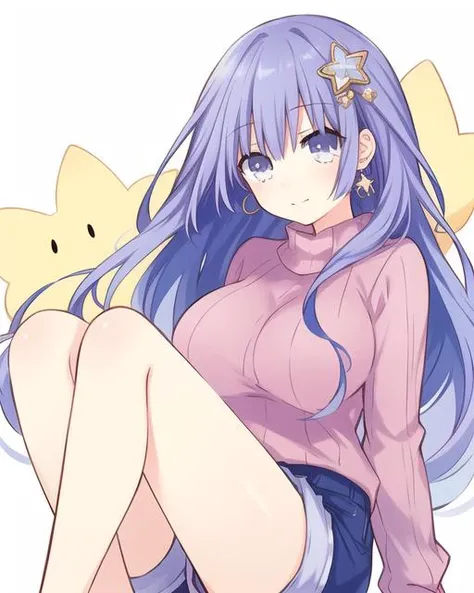 1girl,light purple hair,grey eyes,blunt bangs,hime cut,long hair,clothed big breasts,
sweater,hair ornament,indigo shorts,looking at viewer,star (symbol) pattern,jewelry,pink sweater,long sleeves,earrings,bare legs,summer_shorts,
<lora:IM:0.7>,