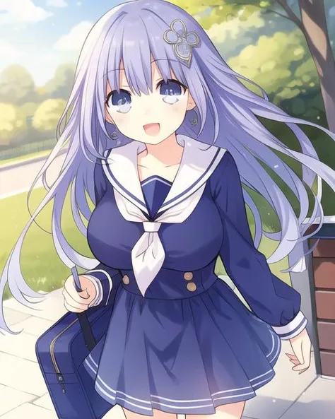 1girl,light purple hair,grey eyes,blunt bangs,hime cut,long hair,clothed big breasts,
hair ornament,smile,open mouth,bag,dress,school uniform,school bag,^_^,neckerchief,facing viewer,sailor collar,(indigo dress:1.3),indigo sleeves,sailor dress,long sleeves,:d,white sailor collar,standing,white neckerchief,collarbone,white cuffs,
<lora:IM:0.7>,