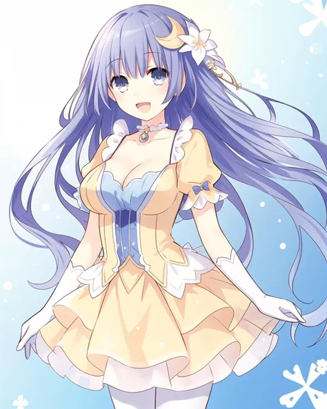 1girl,light purple hair,grey eyes,blunt bangs,hime cut,long hair,large breasts,
hair ornament,open mouth,white gloves,smile,crescent,cleavage,crescent hair ornament,:d,dress,flower,white pantyhose,pantyhose,short sleeves,hair flower,elbow gloves,choker,yellow dress,arm up,medium breasts,skirt,standing,puffy short sleeves,collarbone,puffy sleeves,layered dress,see-through,
<lora:IM:0.7>,
