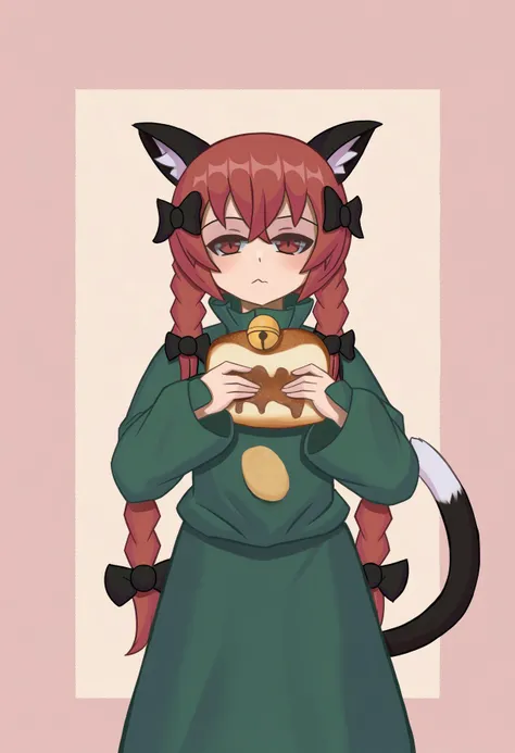 score_9, best quality, masterpiece, uncensored, source_anime
BREAK
1girl, solo, long hair, looking at viewer, bangs, simple background, red eyes, long sleeves, dress, bow, holding, animal ears, hair between eyes, closed mouth, braid, hair bow, red hair, food, cat ears, twin braids, bell, black bow, holding food, green dress, oversized food, kaenbyou rin
<lora:duhota_pony_v3:1>