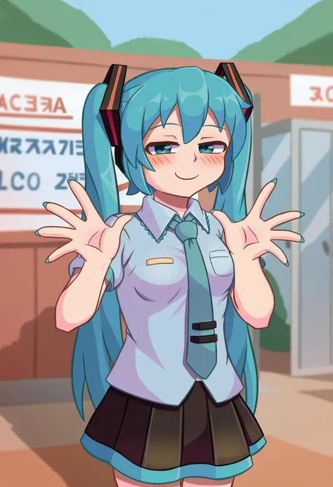 score_9, best quality, masterpiece, uncensored, source_anime
BREAK
1girl, standing, hatsune miku, looking at viewer, cowboy shot, shirt, pleated skirt, smug, half-closed eyes, outdoors
<lora:duhota_pony_v2:1>