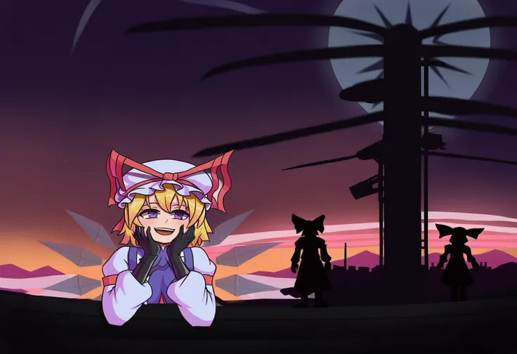 score_9, best quality, masterpiece, uncensored, source_anime
BREAK
long hair, smile, short hair, open mouth, 1girl, blonde hair, gloves, long sleeves, hat, dress, bow, ribbon, purple eyes, hair bow, wings, teeth, puffy sleeves, white dress, parody, mob cap, hat ribbon, hand on own face, tabard, hand on own cheek, gap (touhou), yakumo yukari, upper body, on the screen, silhouette, outdoors, neon, cyberpunk, city