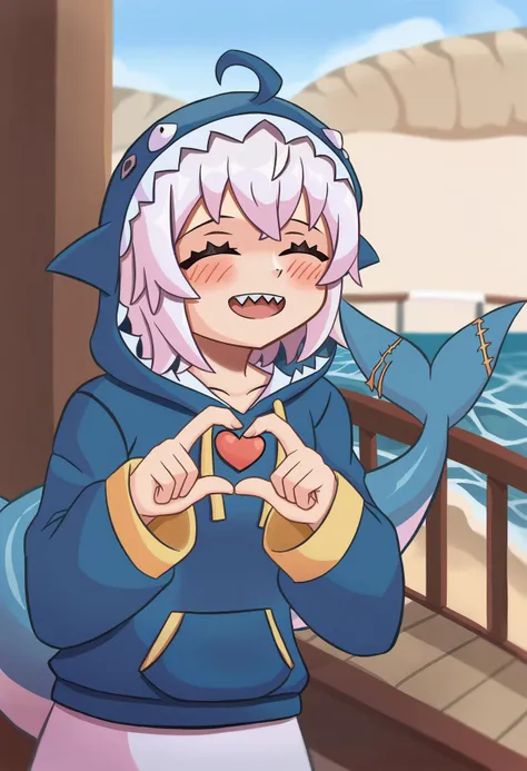 score_9, best quality, masterpiece, uncensored, source_anime
BREAK
gawr gura, gawr gura 1st costume, blue hoodie, hood up, fins, fish tail, medium hair, white hair, sharp teeth, shark tail, 1girl, :d, ^ ^, ahoge, blush, closed eyes, heart, heart hair ornament, index fingers together, open mouth, smile, solo, teeth, upper teeth only, virtual youtuber, outdoors, sea, water
<lora:duhota_pony_v2:1>