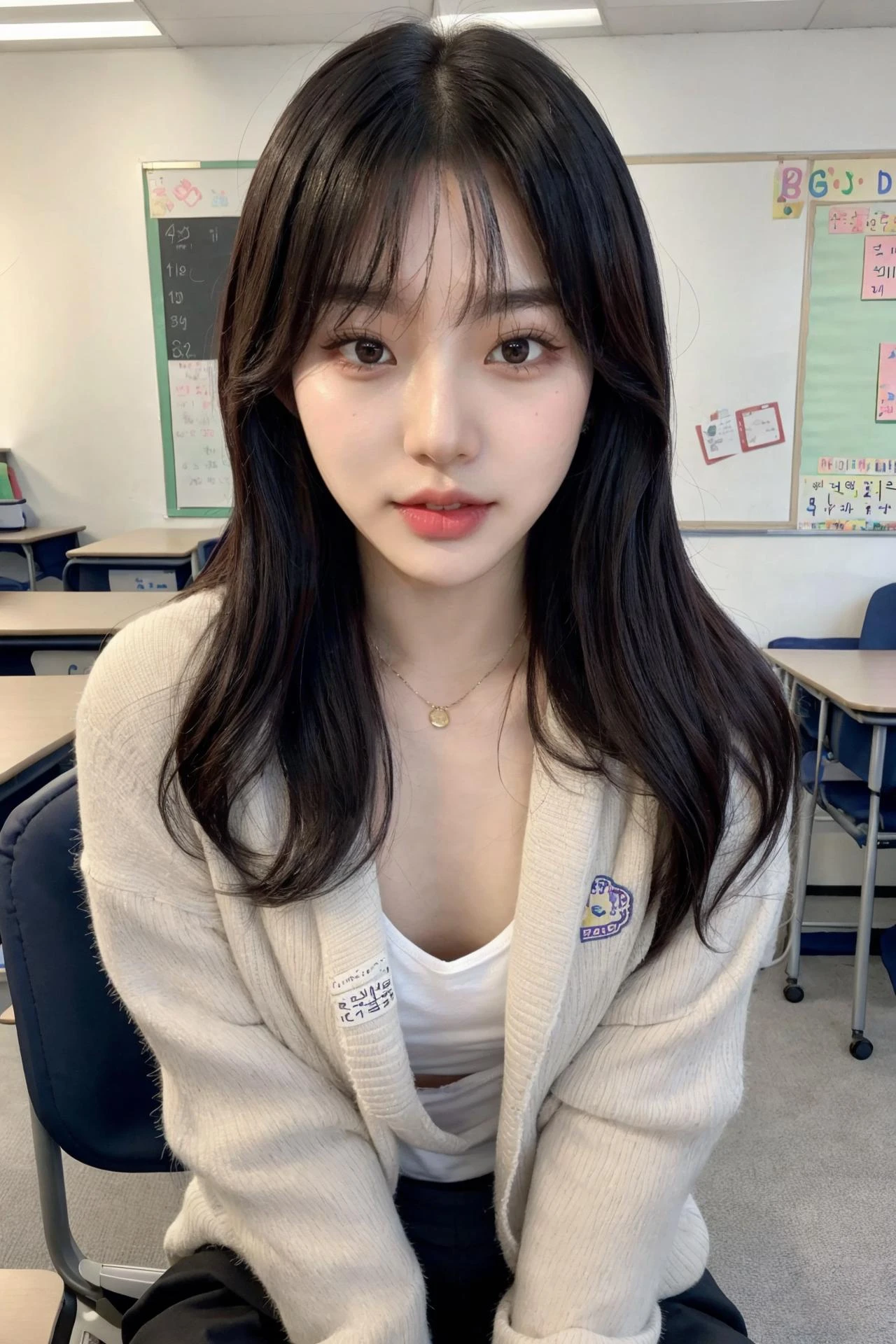 full body, perfect face ratio, kpop idol, beautiful korean girl, sexy look, cute girl, 22year old, idol make_up, school, classroom, teacher fashion, sitting on desk, students around her, downblouse <lora:downblouse-v1:1> <lora:Kor:0.3>
