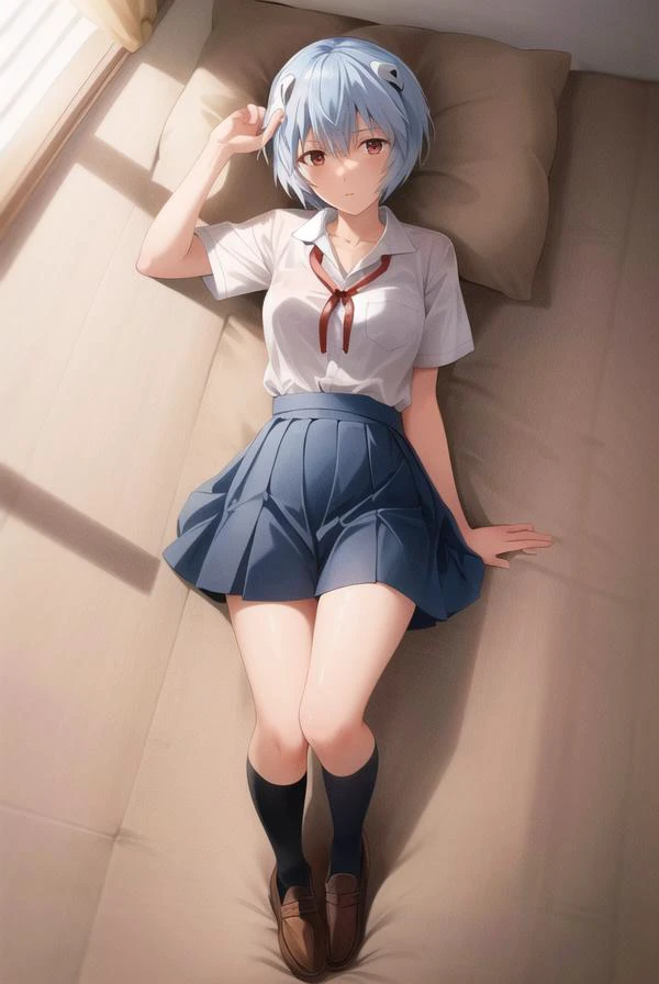 reiayanami, Rei Ayanami, Blue hair, Short hair, (Red Eyes:1.5),Smaller head、 ((she is wearing a  uniform, Sleek and fit to the body, With subtle blue accents)),Headgear, BREAK outdoors, city, BREAK looking at viewer, BREAK (masutepiece:1.2), Best Quality, High resolution, Unity 8k壁纸, (Illustration:0.8), (Beautiful detailed eyes:1.6), extra detailed face, Perfect Lighting, extremely details CG, (Perfect hands, Perfect Anatomy),((Spread your legs apart:1.3))((white  panties))