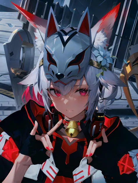highly_detailed_illustration, 1girl, animal_ears, fox_ears, red_eyes, bell_choker, blue_flower_hair_ornament, wolf_mask, metalic_mask, mask, fluffy_animal_ears, cyberpunk_jacket, light_pink_hair, fingerless_gloves, red_nails, short_hair, double_fox_hand_sign, city, outdoors, science fiction, futuristic_city, open_hoodie, hood_down, headphones_around_neck, perfect_hands, red_fox_ears, white_fox_ears, looking_at_viewer, expressionless, fringe, makeup, fox_hand_gesture, kitsune_sign, hand_facing_viewer, night,