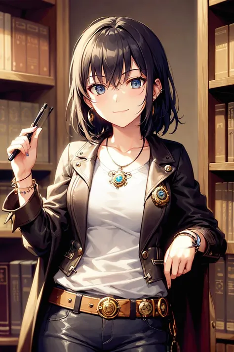 <lora:SteampunkAI-10mb-Lora:0.8>, steampunkai, steampunk,
a slightly smiling woman scientist in a small library,
necklace, earrings, bracelets, chains,
shirt, vest, leather belt