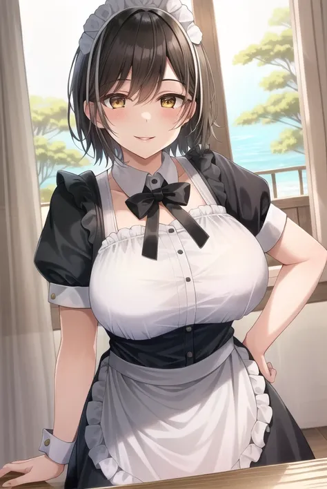 maid, short hair, black hair, best quality, 1girl, smiling, apron, big breasts, milf, mature, voluptous, golden eyes, plump lips, seductive