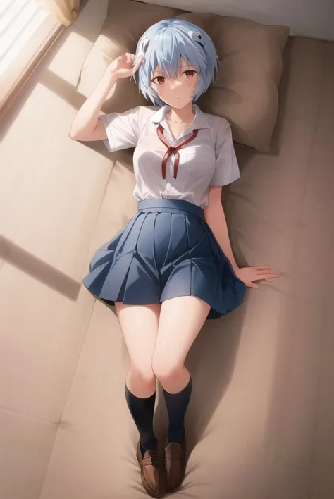 masterpiece portrait of aroused Rei Ayanami \(evangelion\), evangelion \(Hideaki\), caustics, textile shading, high resolution illustration, red eyes, feminine, no pupils, blue hair,  short hair, japanese school uniform, loafers