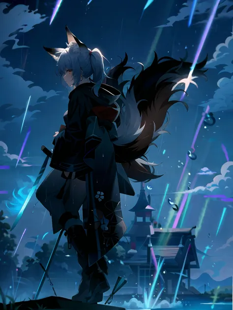 1girl, animal_ears, boots, holding_wand, weapon, cloud, cloudy_sky, constellation, earrings, emphasis_lines, jewelry, katana, motion_lines, night, outdoors, rain, shooting_star, sky, solo, speed_lines, storm, sword, thunder, lightning, trembling, water_drop, weapon, wet, wet_clothes, fox_girl, multiple_tail, fox_ears, animal_ear_fluff, floating, kimono, fox_mask, multicolored_hair, two-tone_hair, red_hair, white_hair, tied_hair, low_ponytail, very_long_ponytail, white_fur, blue_blade,